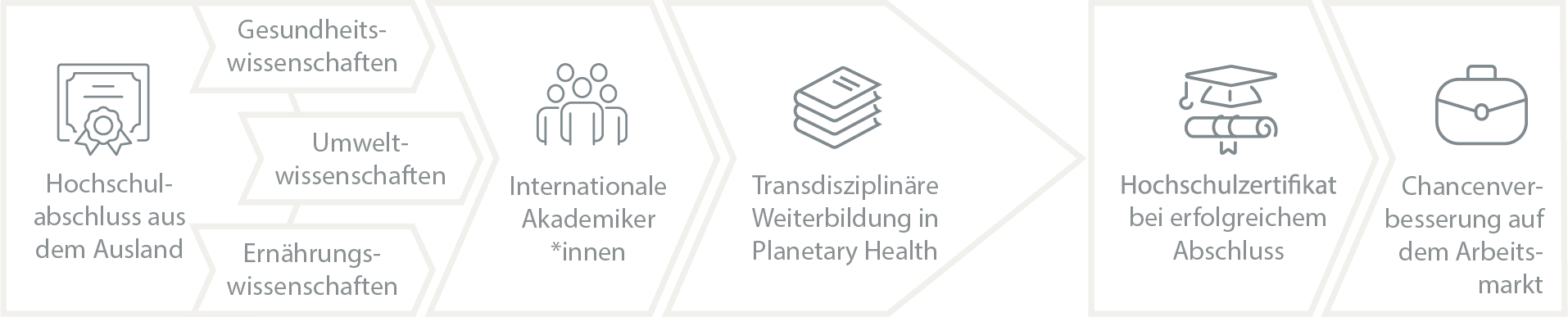 Grafik eines Pfeils. Geflüchtete und migrierte Akademiker*innen kommen mit ihren Abschlüssen an die Hochschulen Bayreuth und Hof und werden weiterqualifierziert. Am Ende erhalten Sie ein Zertifikat und treten in einen bildungsadäquaten Job ein.